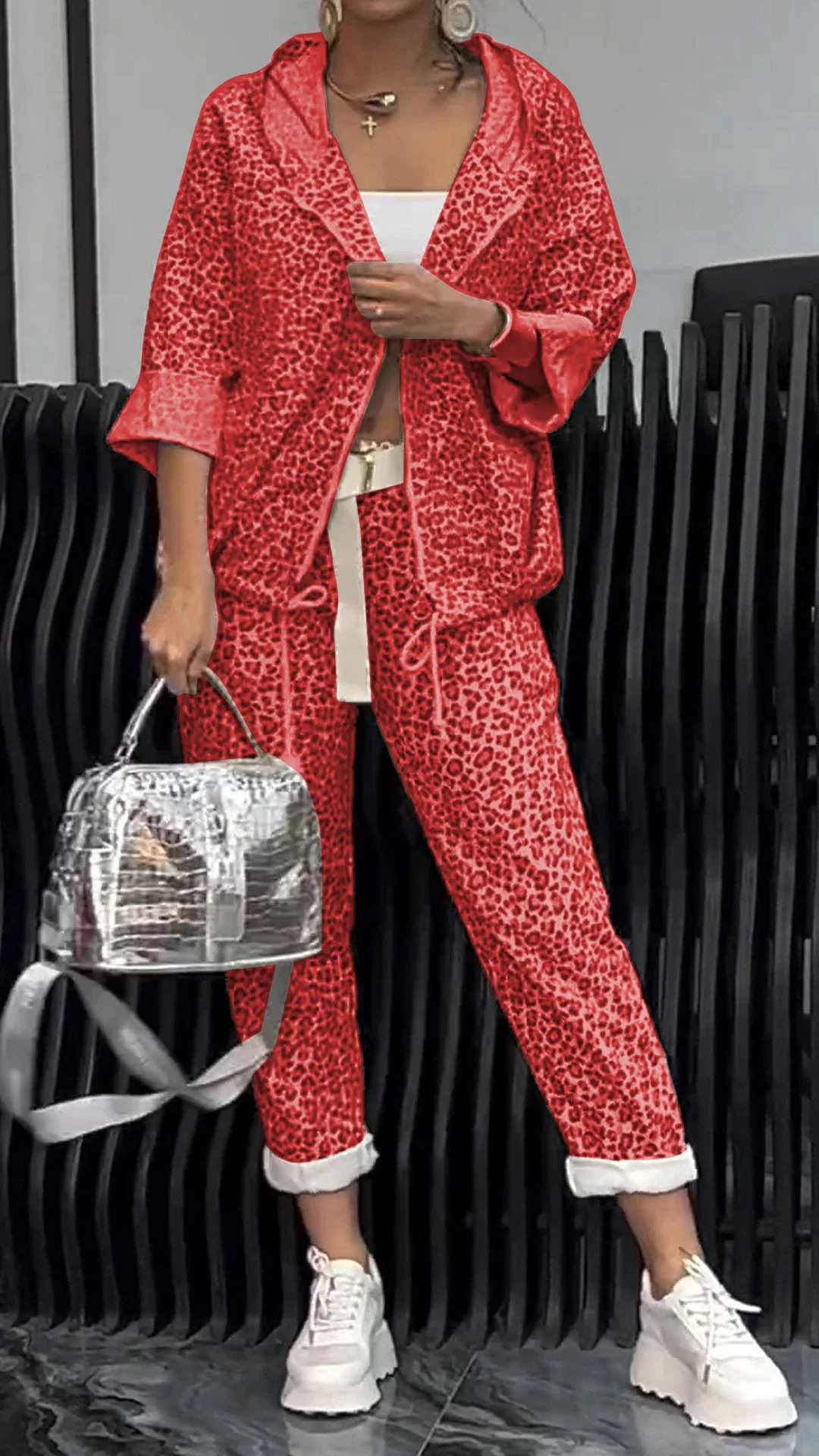 Women's Leopard-print Cardigan Short Suit